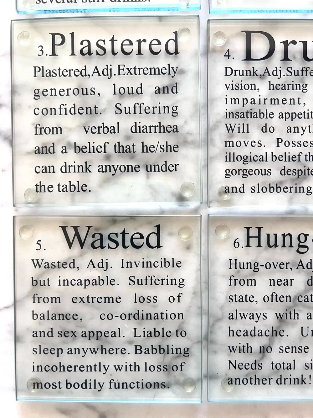 NEW! (6) Glass Drink Coasters - The Stages of Drinking Funny Gag Gift